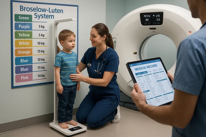 ¿Cómo se integra Broselow-Luten en flujos clínicos para medir peso y seleccionar protocolos TC automáticamente